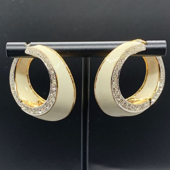 NOS D'Orlan Gold Tone Cream Enamel Rhinestone Tension Clip On Hoop Earrings - Picture 1 of 8